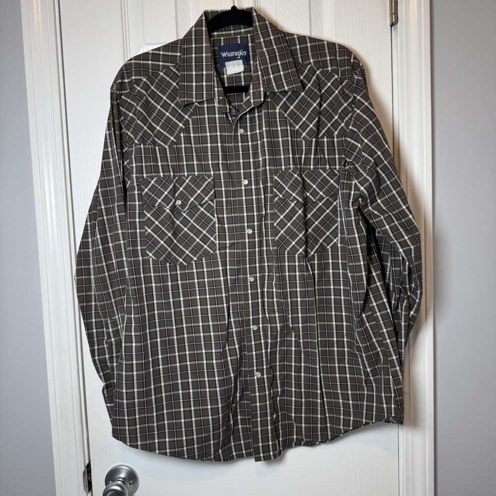 Wrangler Pearl Snap Olive Green Plaid Long Slv Button Up Rockabilly Ranch XL